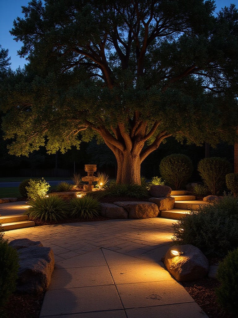Backyard landscape lighting highlighting patio, trees, and rock garden at night.