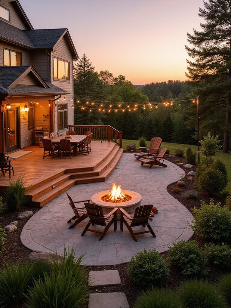 Spacious backyard deck and patio with outdoor furniture and landscaping.