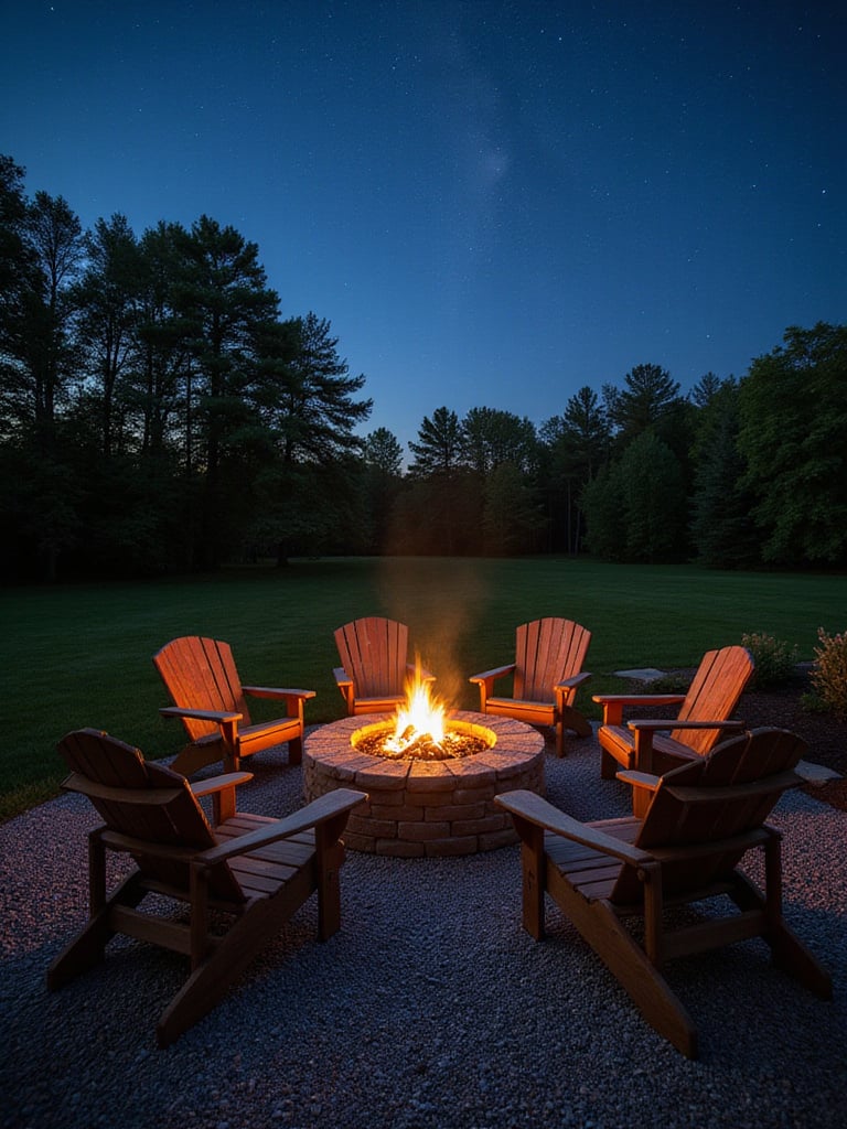 Stone fire pit with Adirondack chairs under a starry night sky