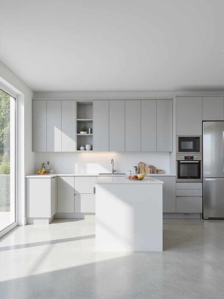Modern kitchen with integrated appliances and handleless cabinetry
