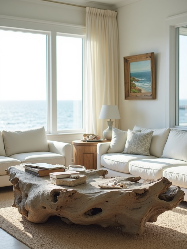 Coastal living room with driftwood coffee table and weathered wood frame.