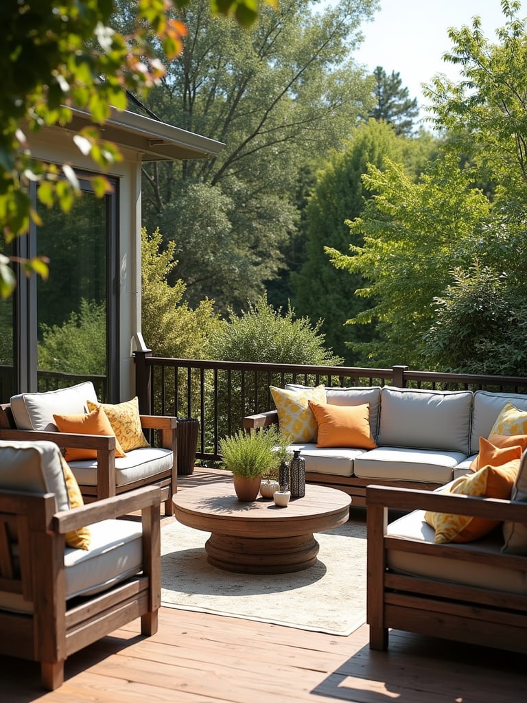 Outdoor deck with modern metal sculpture and comfortable seating.