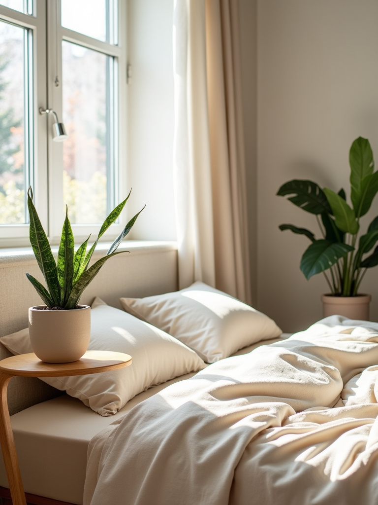 Beige bedroom with Snake Plant and ZZ Plant in beige ceramic pots adding greenery and life to the space.