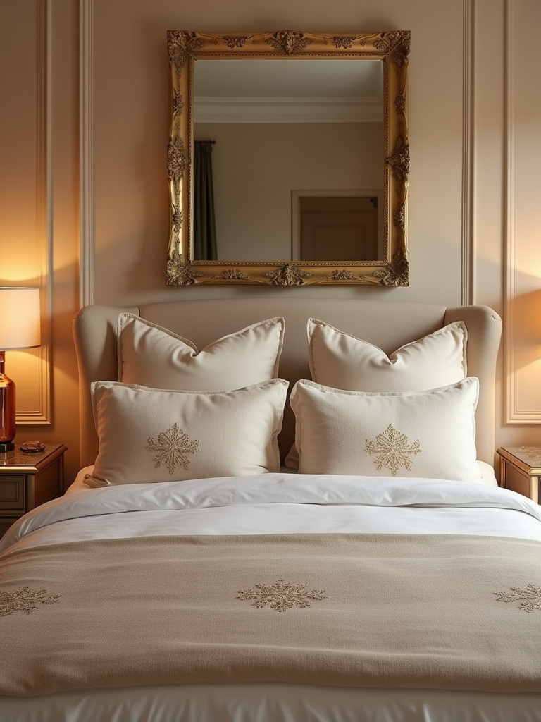 Beige bedroom with gold and copper accents for a luxurious and inviting feel.