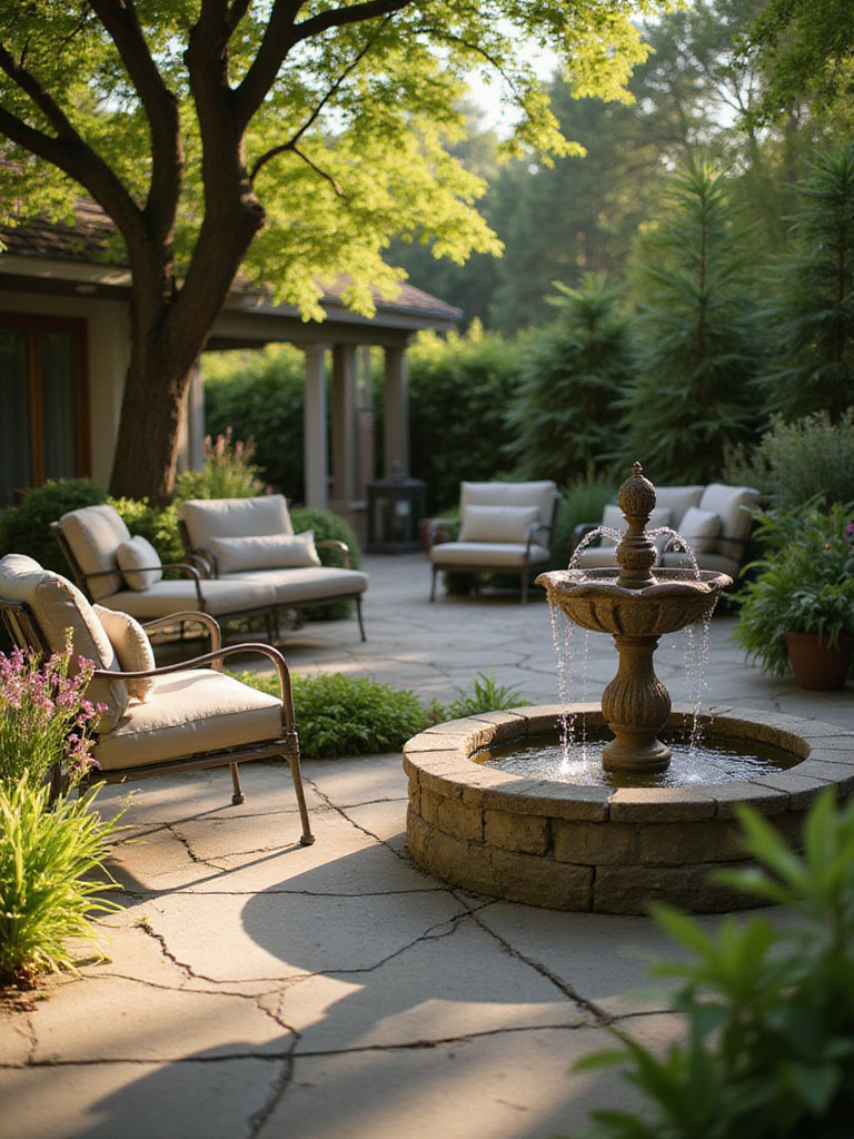 Serene patio with a natural stone water fountain surrounded by lush greenery
