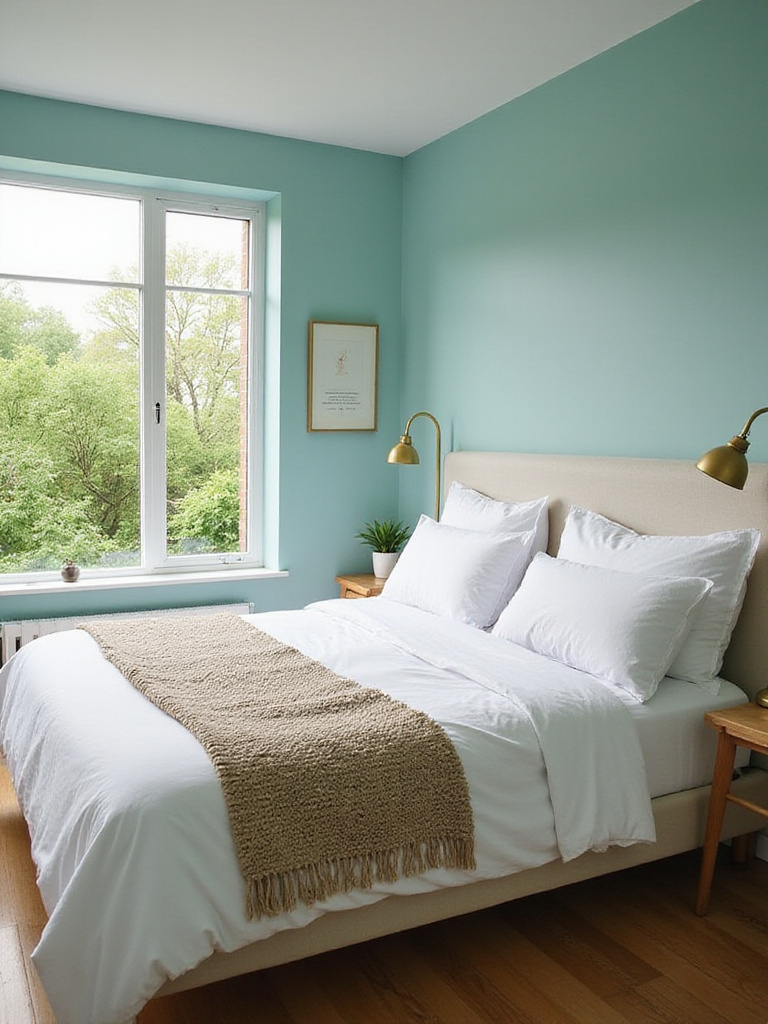 Turquoise bedroom with white linens and gold accents.