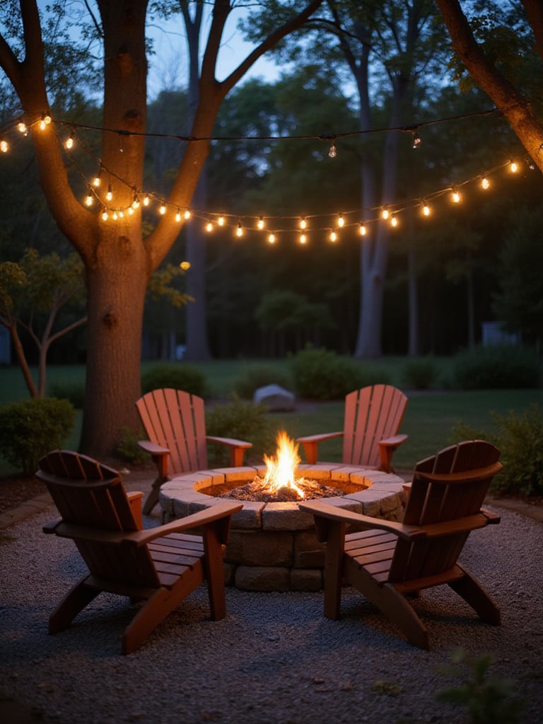 Cozy backyard fire pit with Adirondack chairs and string lights