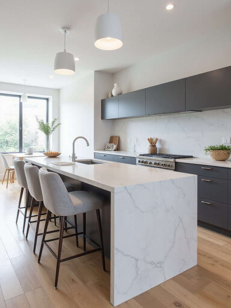 Modern kitchen island with waterfall countertop and bar seating.