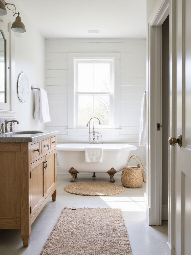 Rustic bathroom with white shiplap, wooden vanity, and jute rug in front of clawfoot tub.