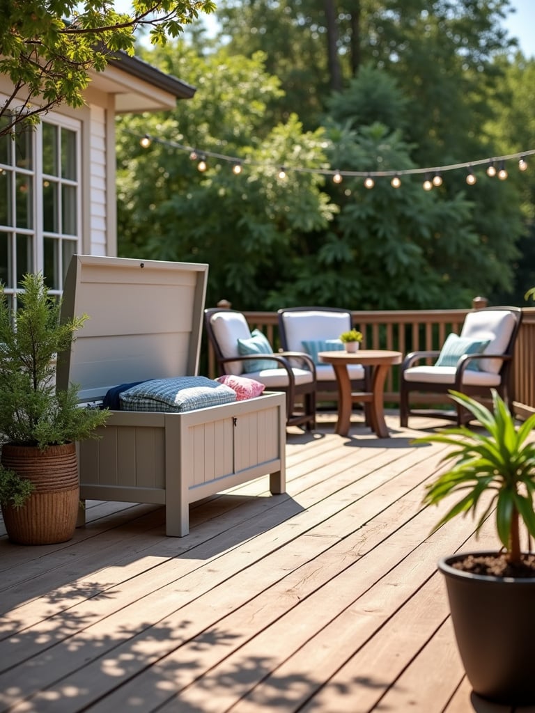 Deck with storage bench holding cushions and throws, creating a clutter-free outdoor space