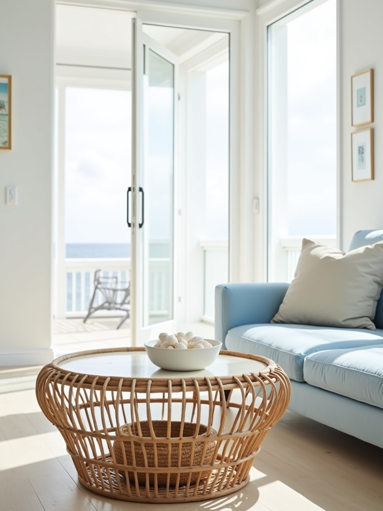 Coastal living room with clutter-free surfaces and minimalist decor.
