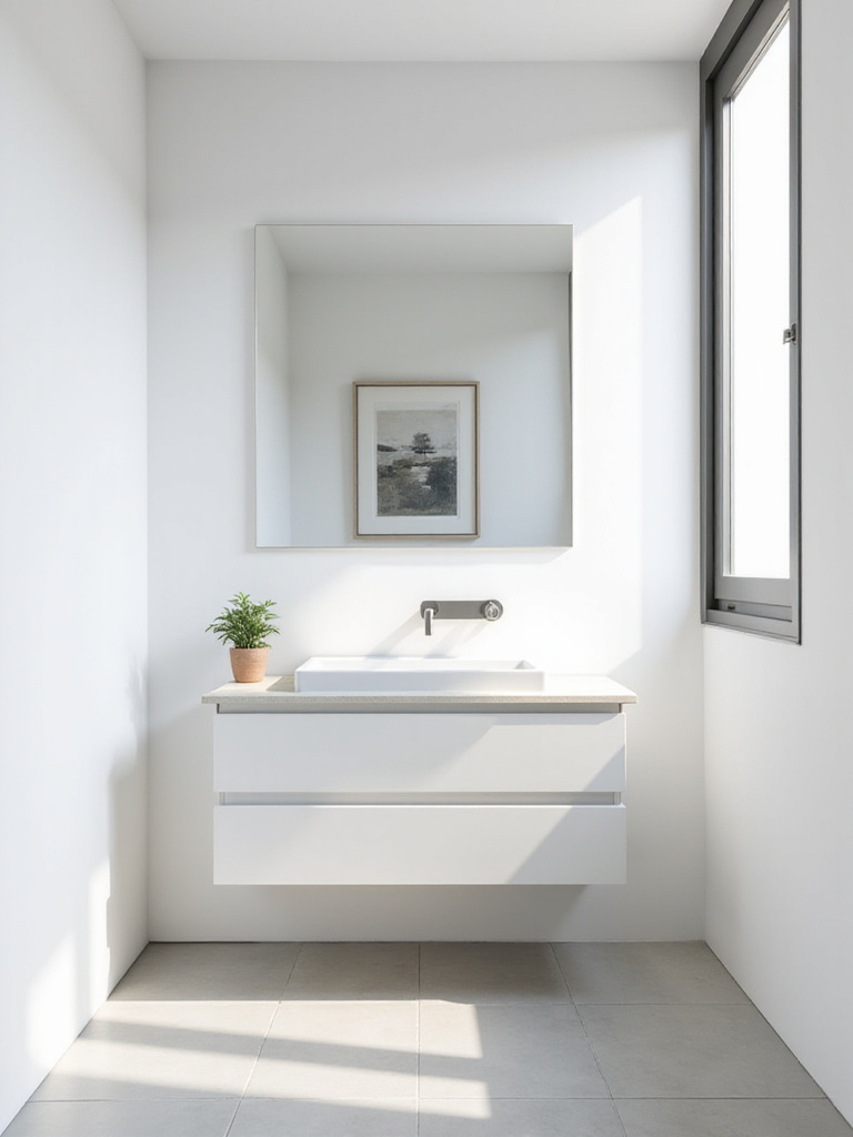 Minimalist small bathroom with white walls, floating vanity, and large mirror, showcasing a clutter-free and spacious design.