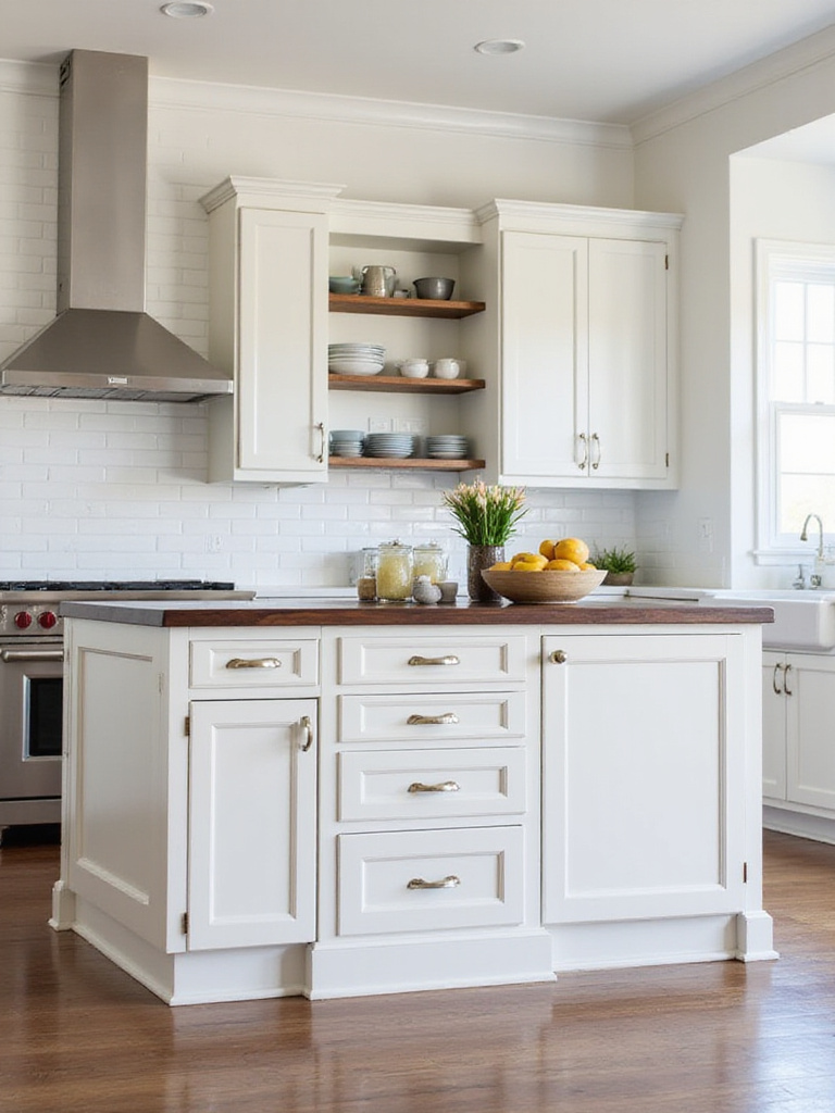 Modern kitchen island with storage featuring drawers, cabinets, and open shelving.