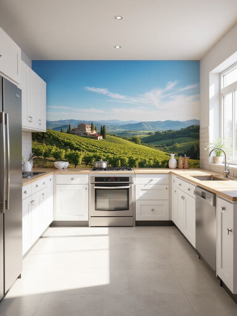 Kitchen featuring scenic mural wallpaper depicting a Tuscan vineyard, creating a sense of spaciousness.