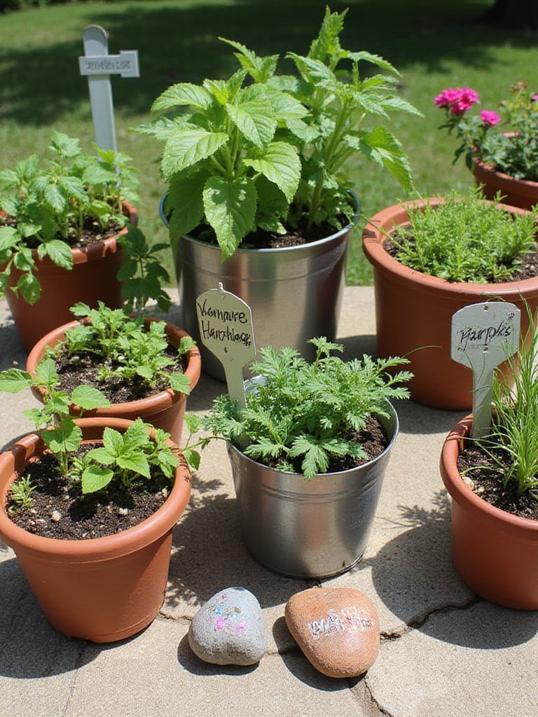 Variety of labeled container gardens on a sunny patio.