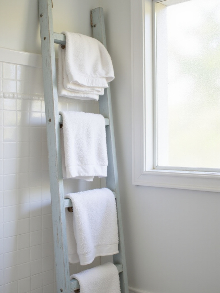 Small bathroom with a repurposed wooden ladder used for vertical towel storage