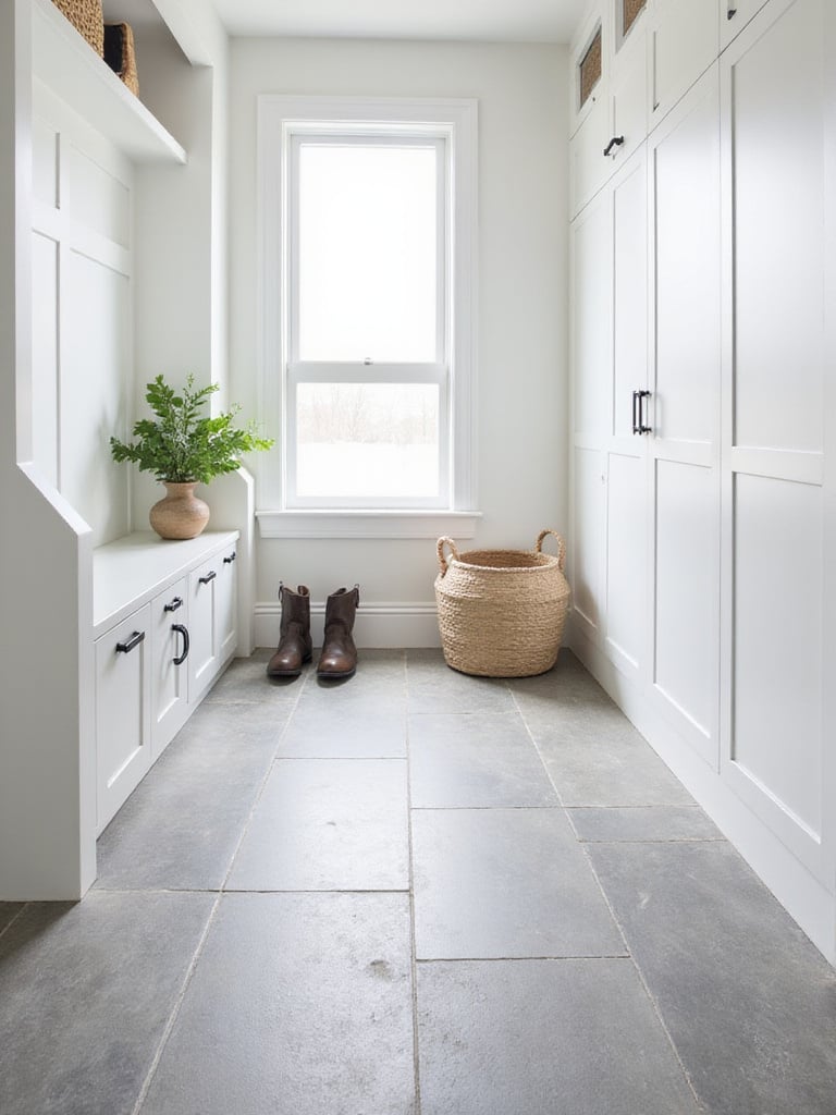 Modern mudroom with large format grey porcelain tile flooring