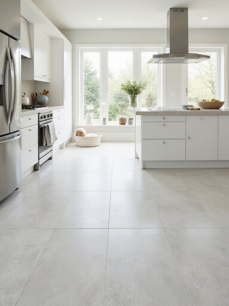 Modern kitchen with light gray large format floor tiles creating a spacious and seamless look.