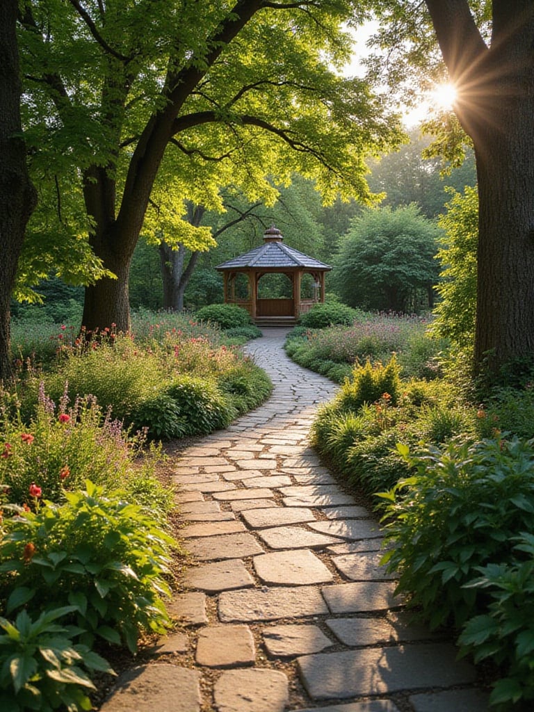 Stone pathway winding through a lush backyard garden
