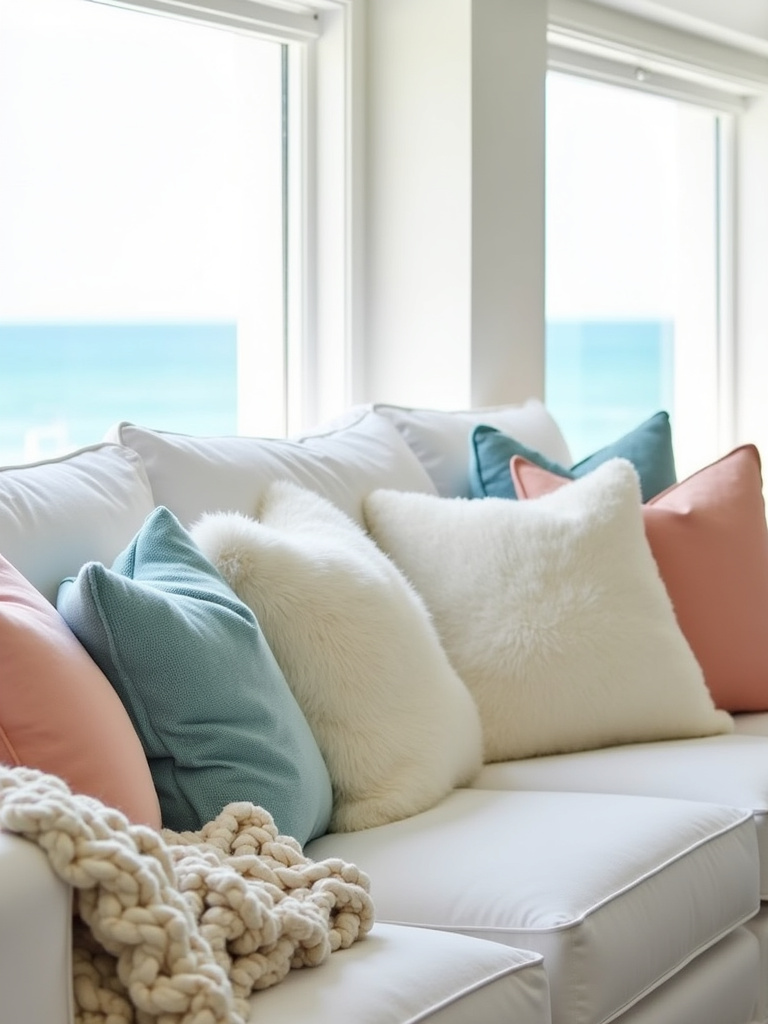 Coastal living room with plush throw pillows and blankets in soft beachy hues.