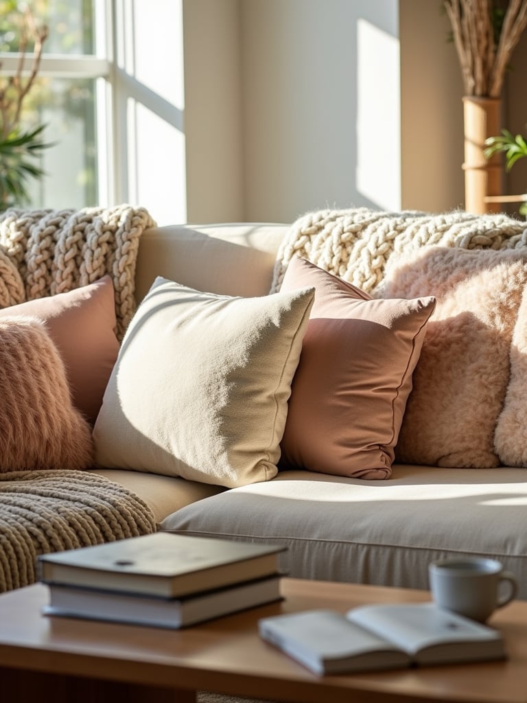 Cozy living room with layered textures, including plush blankets and throw pillows on a comfortable sofa.