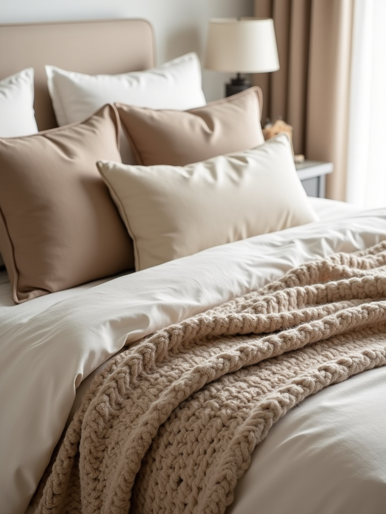 Beige bedroom with layered textured bedding including linen duvet, knit blanket, and velvet pillows.