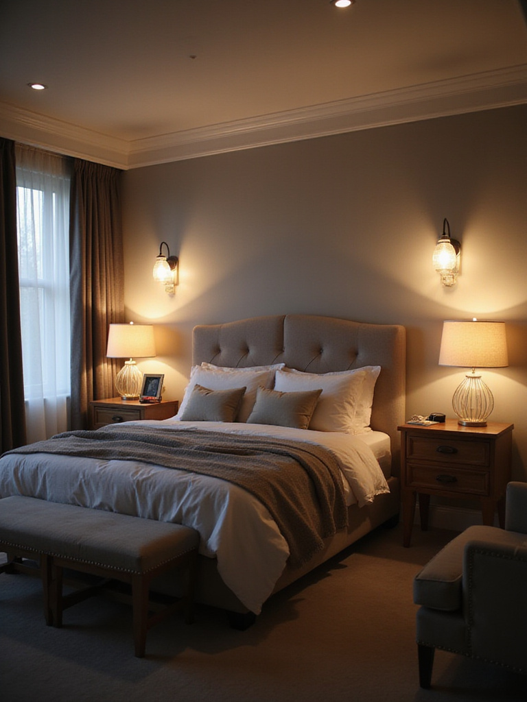 Bedroom with layered lighting featuring table lamps, wall sconces, and dimmable recessed lights.