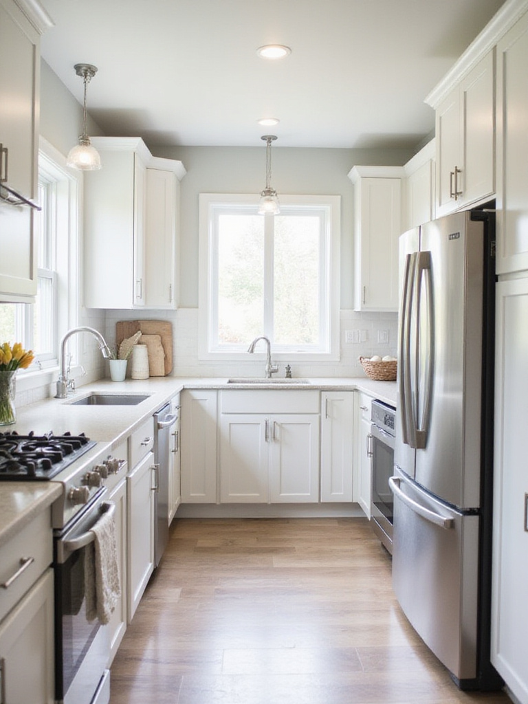 Optimized kitchen layout with smart cabinet placement for efficient workflow.