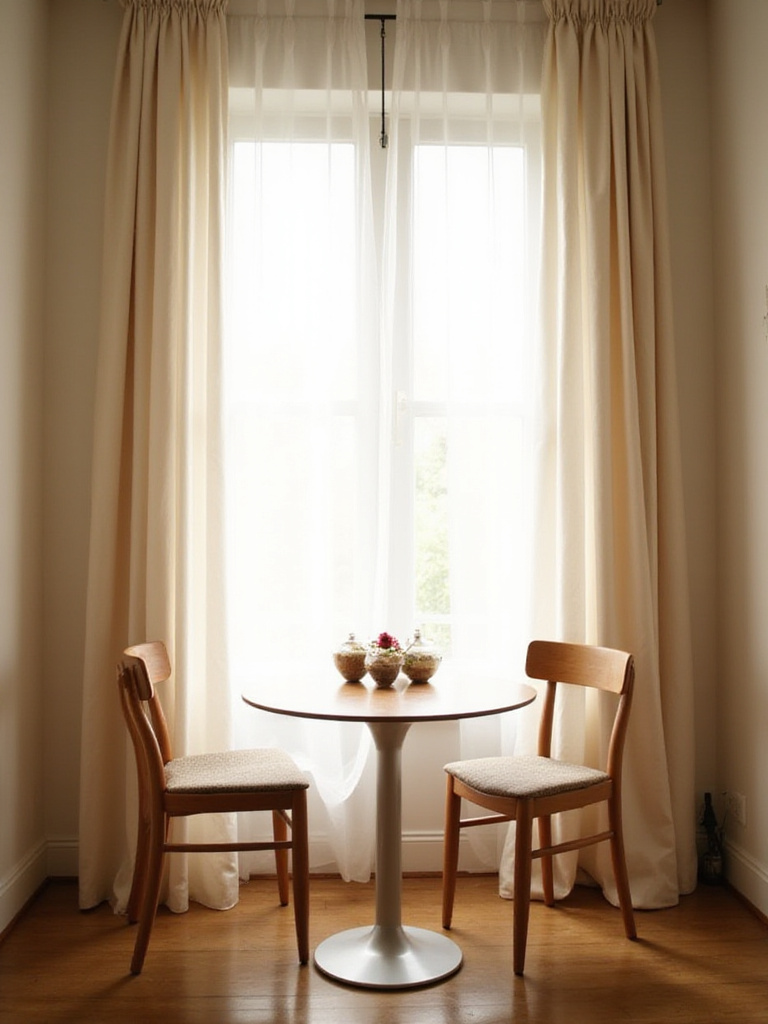 Small dining room with sheer white curtains allowing natural light to fill the space.