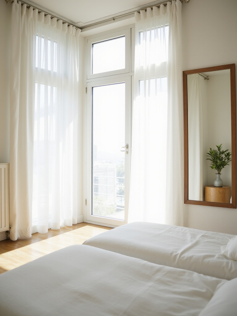 Small bedroom flooded with natural light, featuring sheer curtains and a strategically placed mirror.