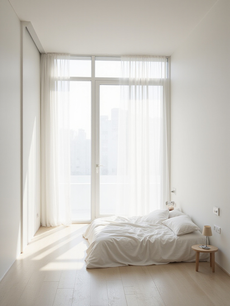 Minimalist bedroom flooded with natural light through sheer curtains
