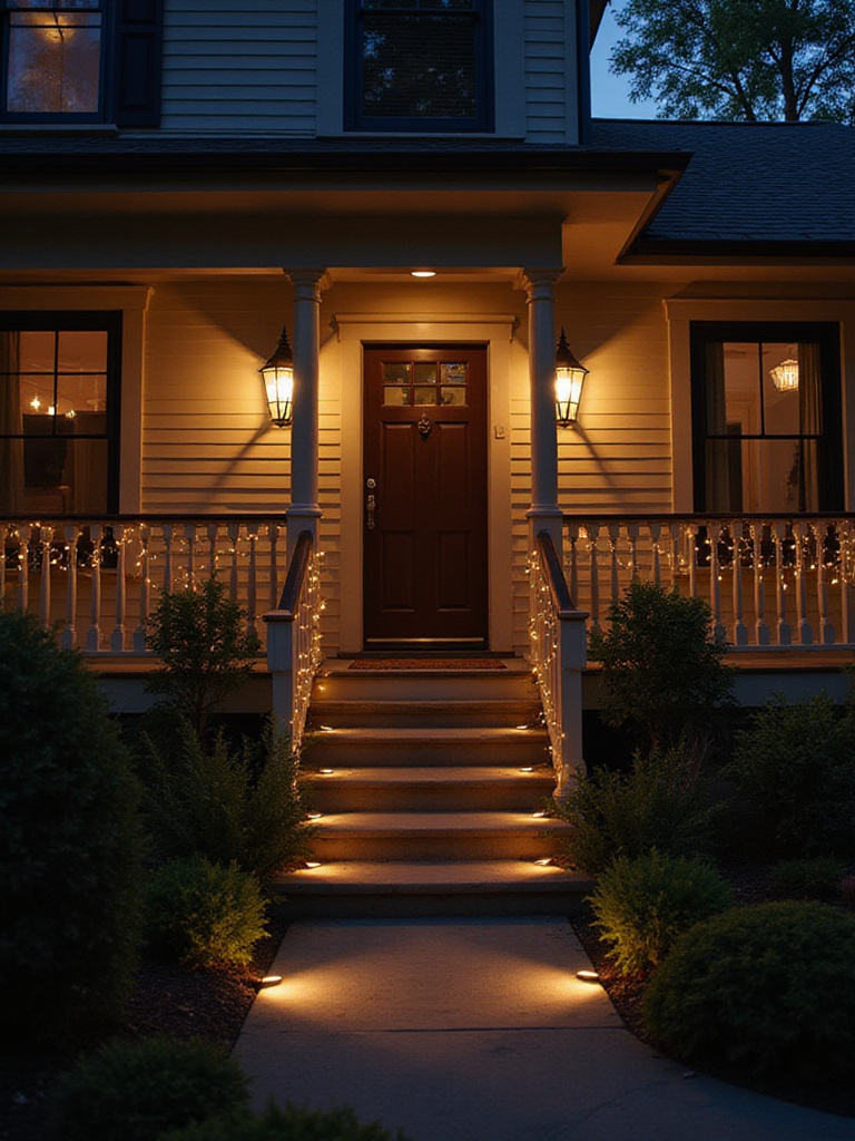Inviting porch with sconces, string lights, and pathway lighting creating a warm and secure atmosphere