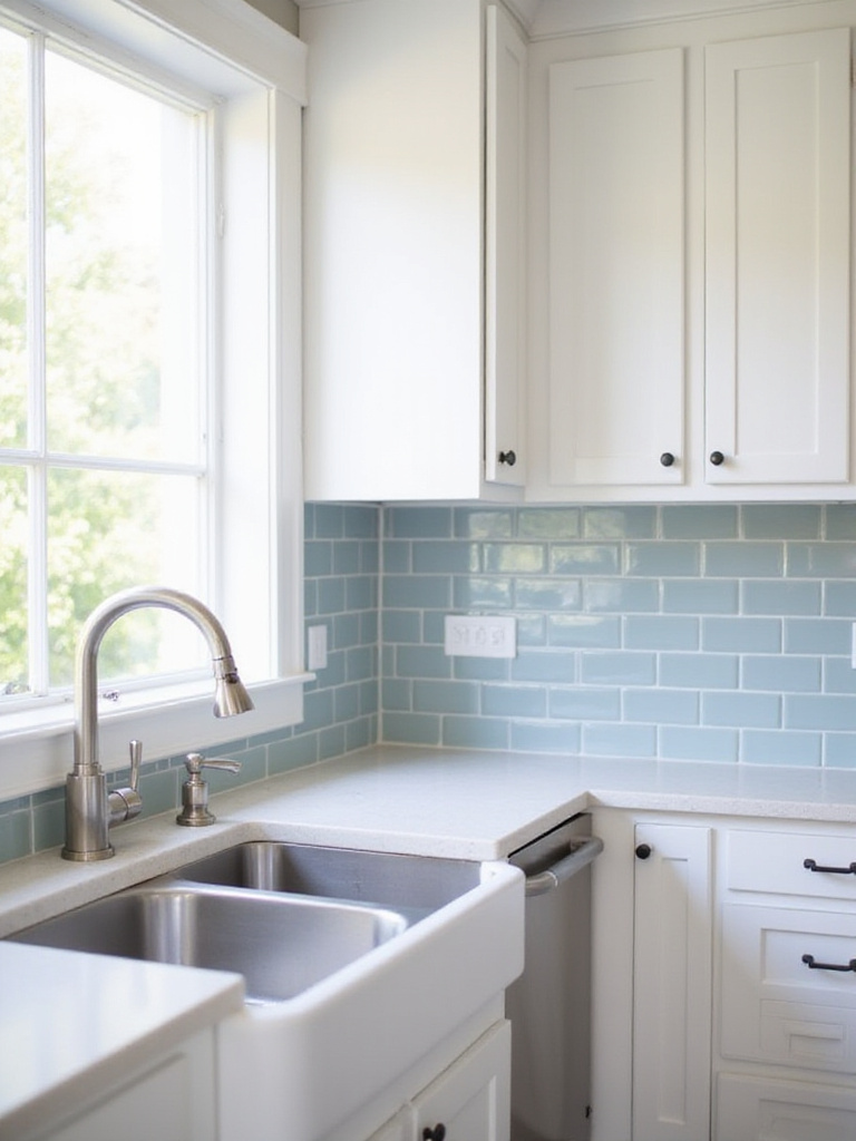 Light and airy farmhouse kitchen with light blue-grey glass subway tile backsplash.