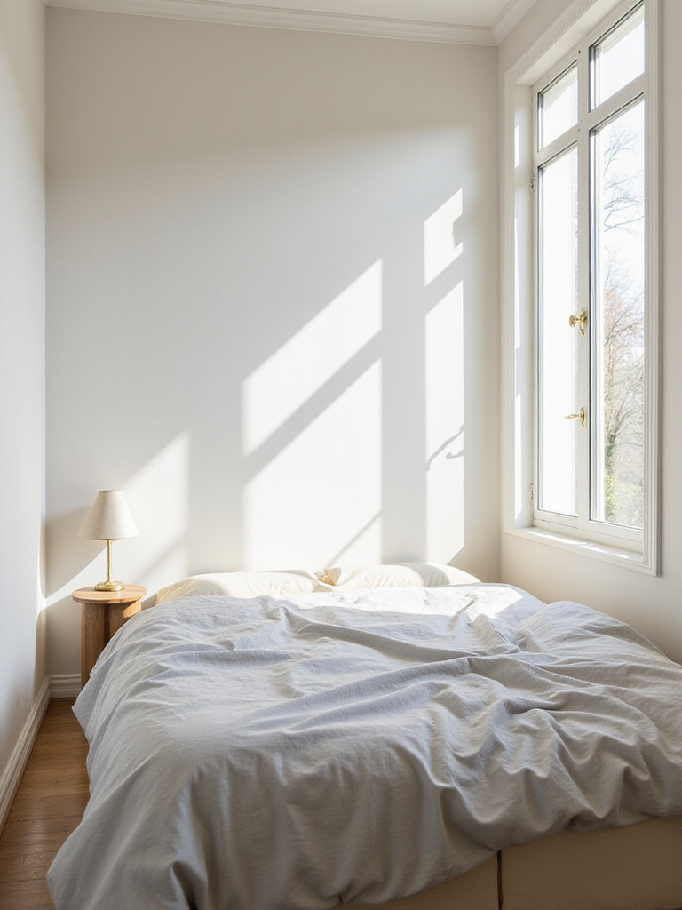 Small bedroom with light and airy color palette.