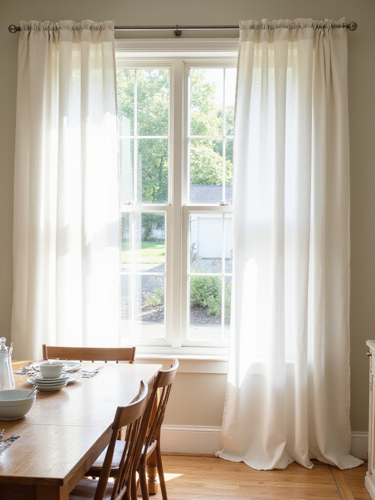 Small dining room with sheer linen curtains allowing natural light to filter through
