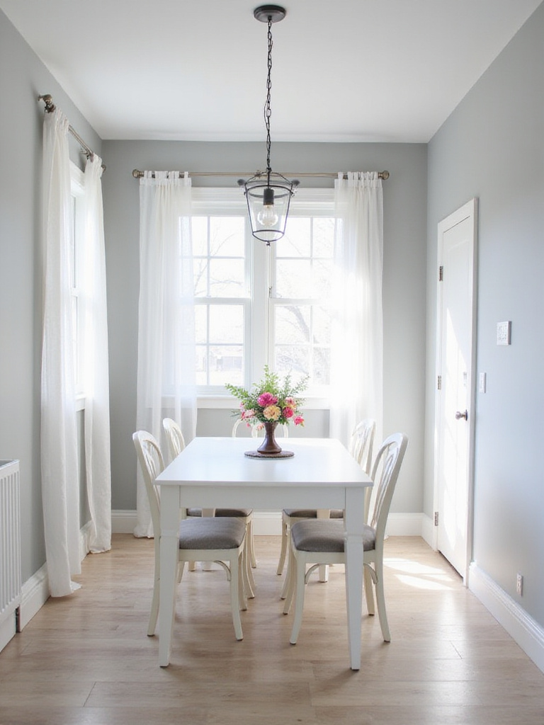 Small dining room with light grey walls and white furniture, creating a bright and airy atmosphere.