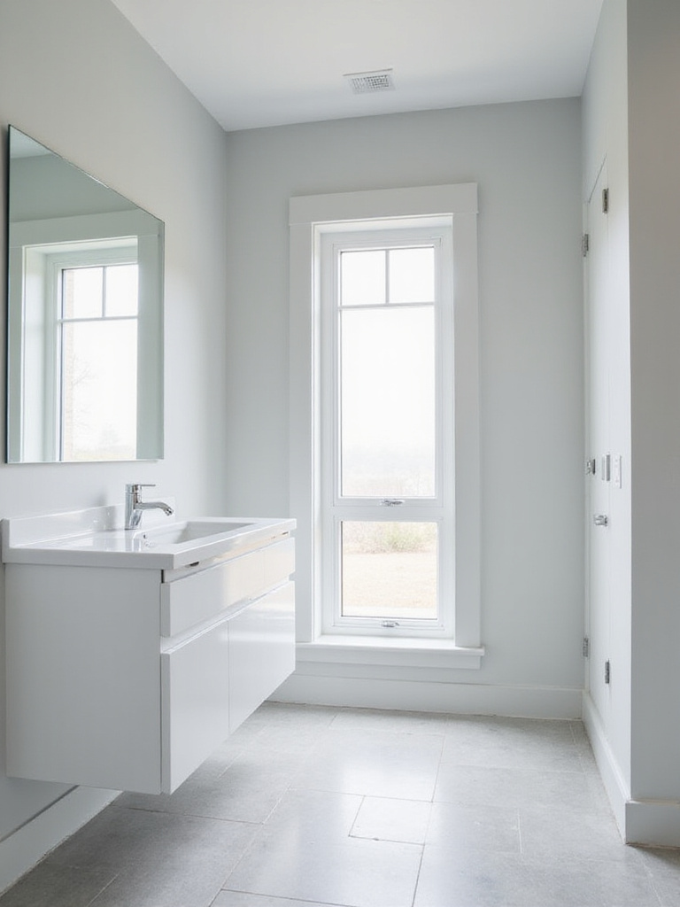 Small bathroom remodel with light gray walls, white vanity, and large mirror to maximize space.