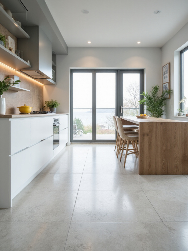 Modern kitchen with light gray porcelain tile flooring illuminated by natural and artificial light, showcasing the tile's texture and reflectivity.