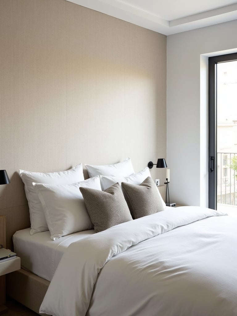 Modern bedroom with textured linen wallpaper feature wall