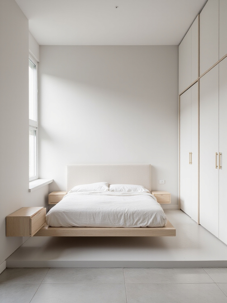 Minimalist bedroom with streamlined furniture featuring a platform bed, floating nightstand, and sliding door wardrobe.