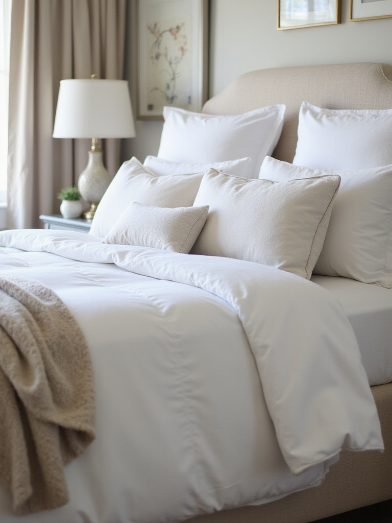 Luxurious white linen bedding with plush comforter and decorative pillows in a serene bedroom setting.
