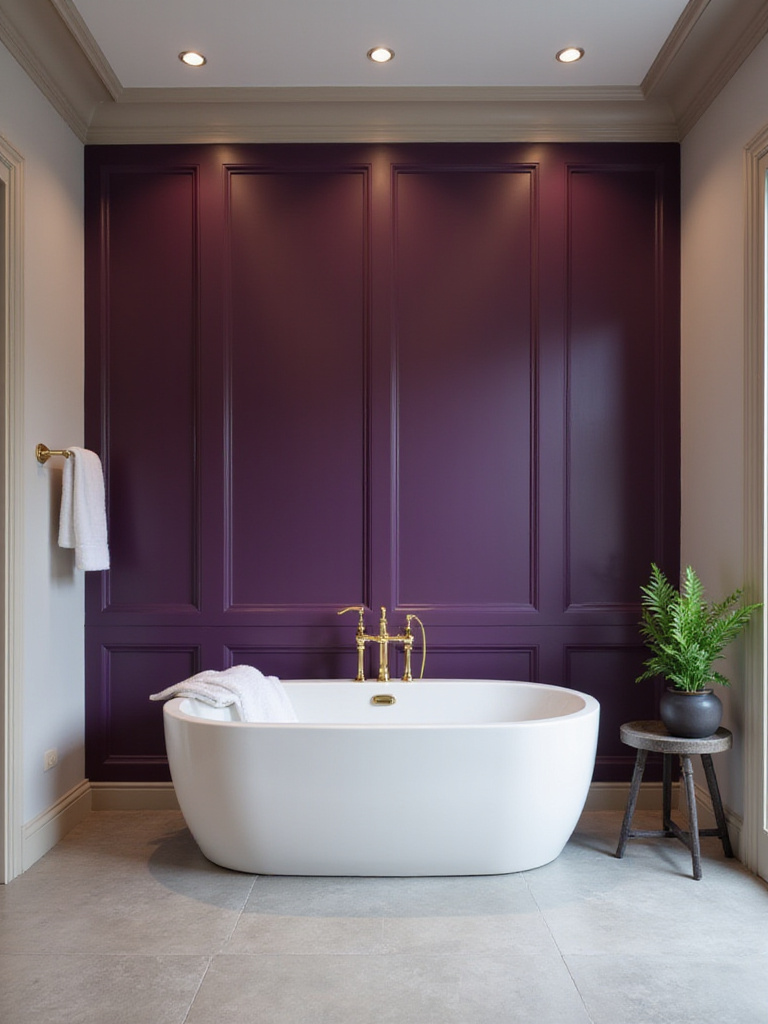 Luxurious bathroom with amethyst purple accent wall and white soaking tub.