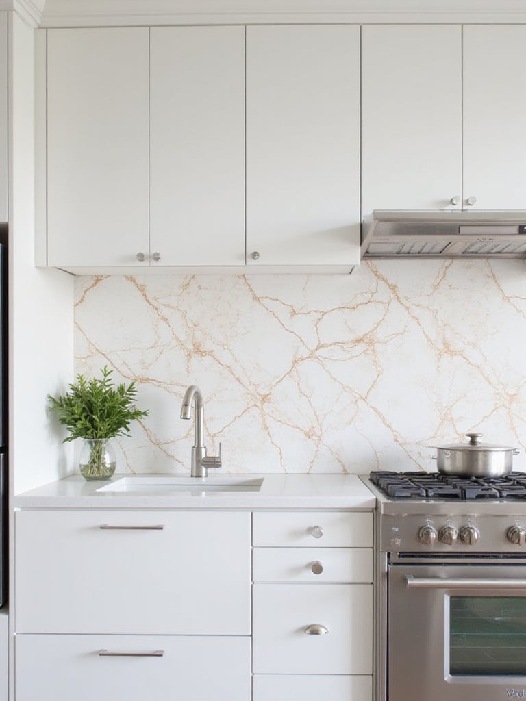 Kitchen with white cabinets and Calacatta marble effect wallpaper