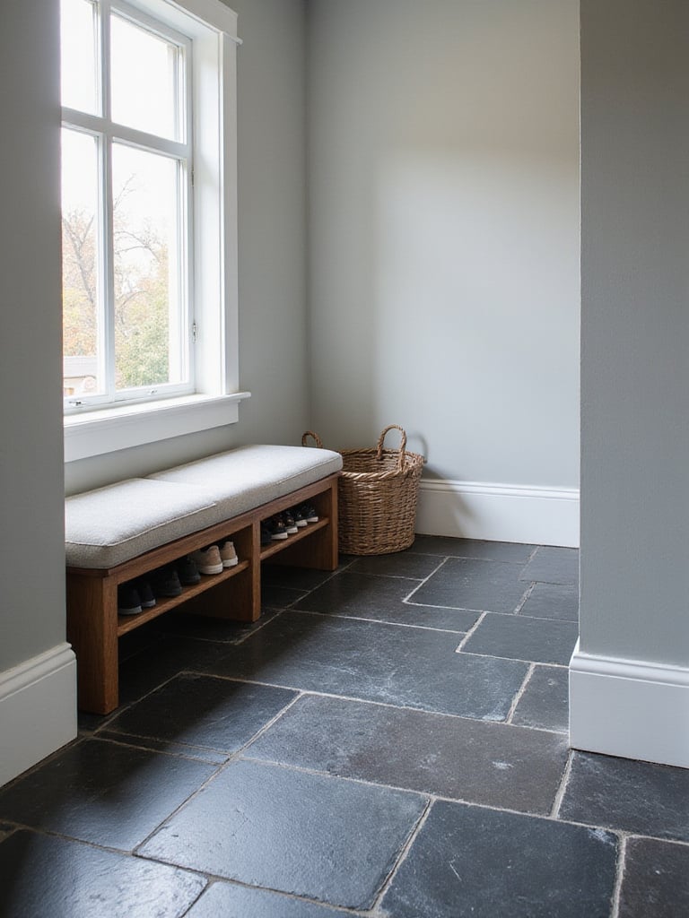 Luxurious mudroom with dark grey slate flooring, wooden bench, and light gray walls.