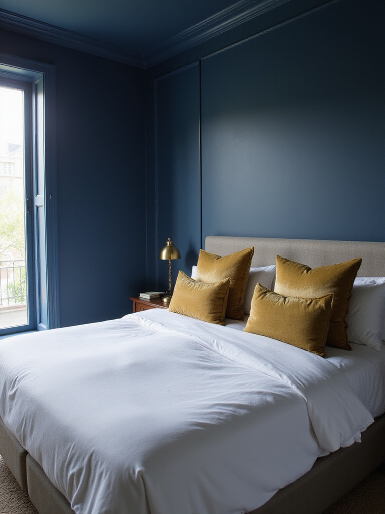Luxurious navy blue bedroom with white linens and gold accents
