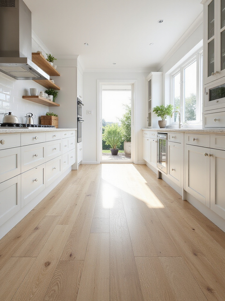 Modern kitchen with light oak luxury vinyl tile flooring.