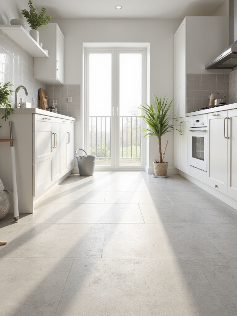 Easy-to-clean light grey porcelain tile flooring in a modern kitchen.