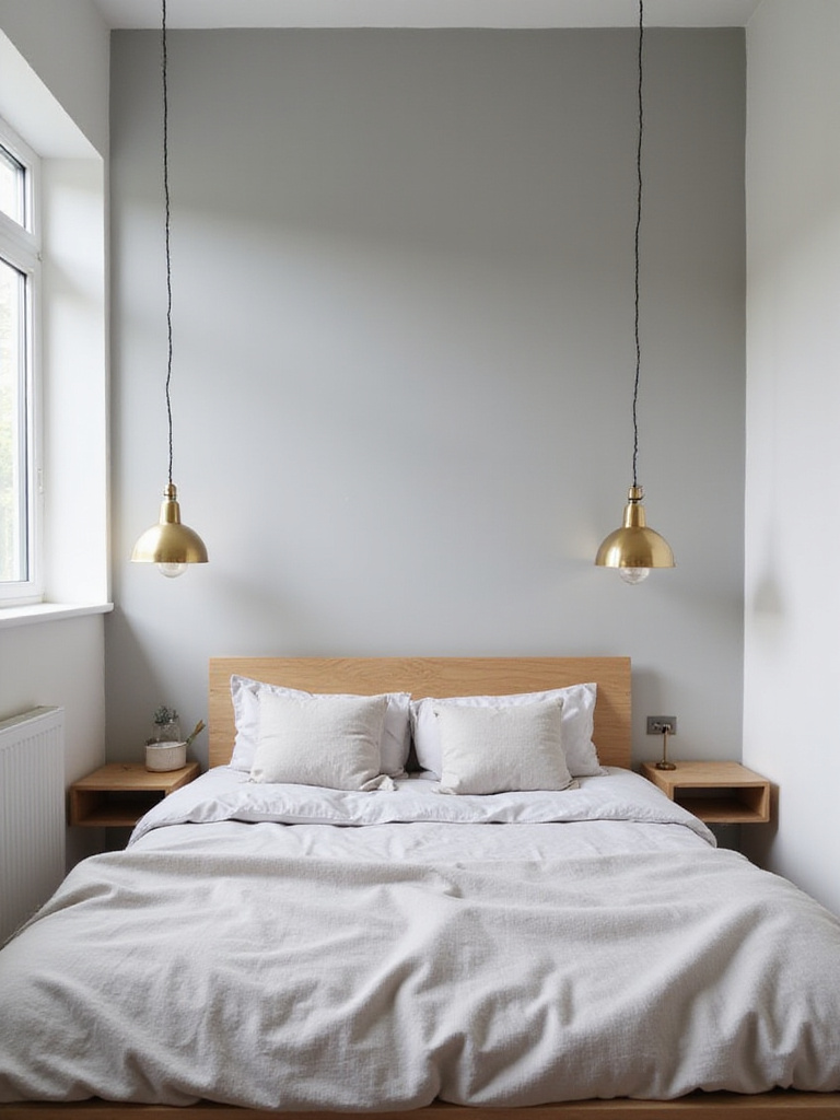 Small bedroom with pendant lights hanging above the nightstands.