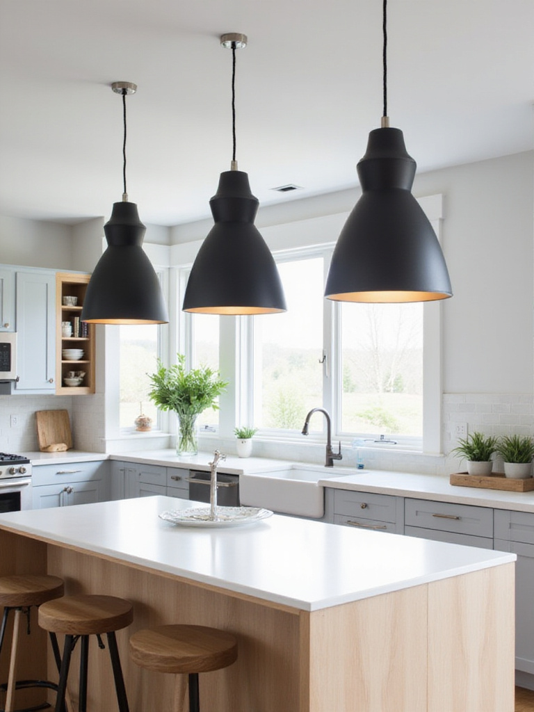 Modern kitchen with pendant lights above island
