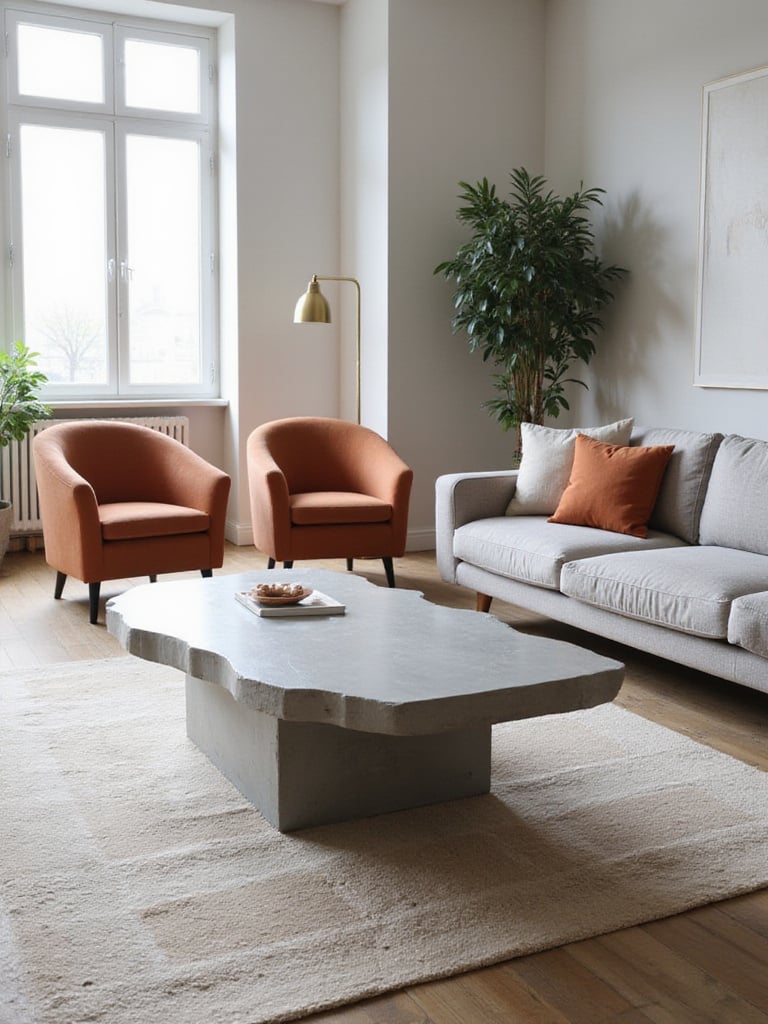 Modern living room with asymmetrical concrete coffee table as focal point